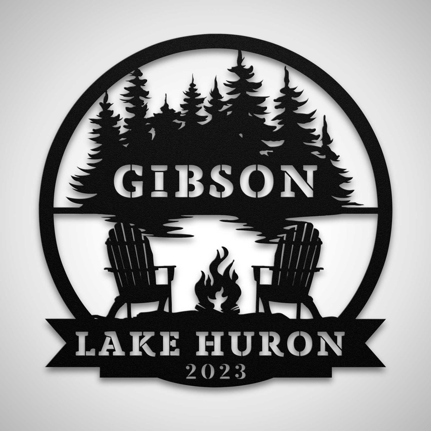 Lake Huron Campfire and Adirondack Chairs Custom Round Family Name Sign
