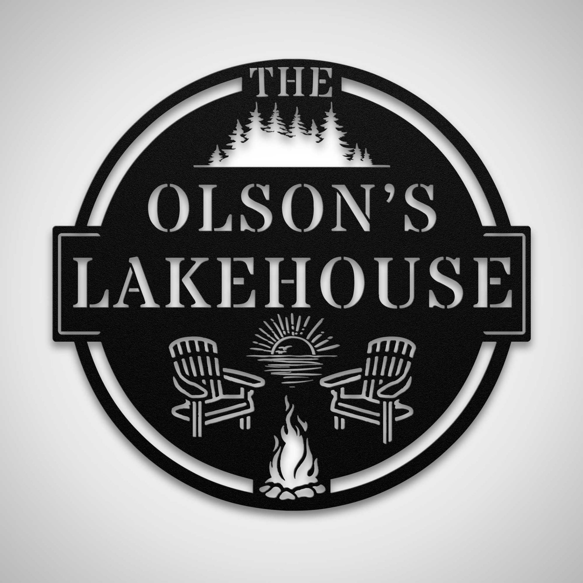 Family Lakehouse Tree Line and Sunset Fire Custom Sign