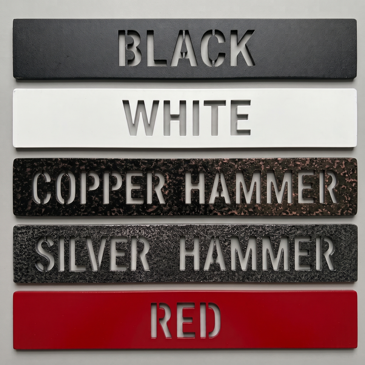 Pristine Custom 5-color metal powder coat swatch chart showing Black, White, Copper Hammer, Silver Hammer, and Red finishes