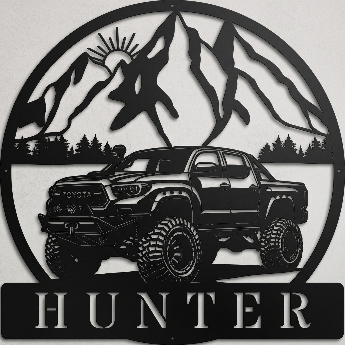 Custom metal offroad Toyota truck sign featuring a rugged design for adventure enthusiasts