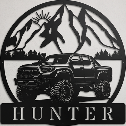 Custom metal offroad Toyota truck sign featuring a rugged design for adventure enthusiasts