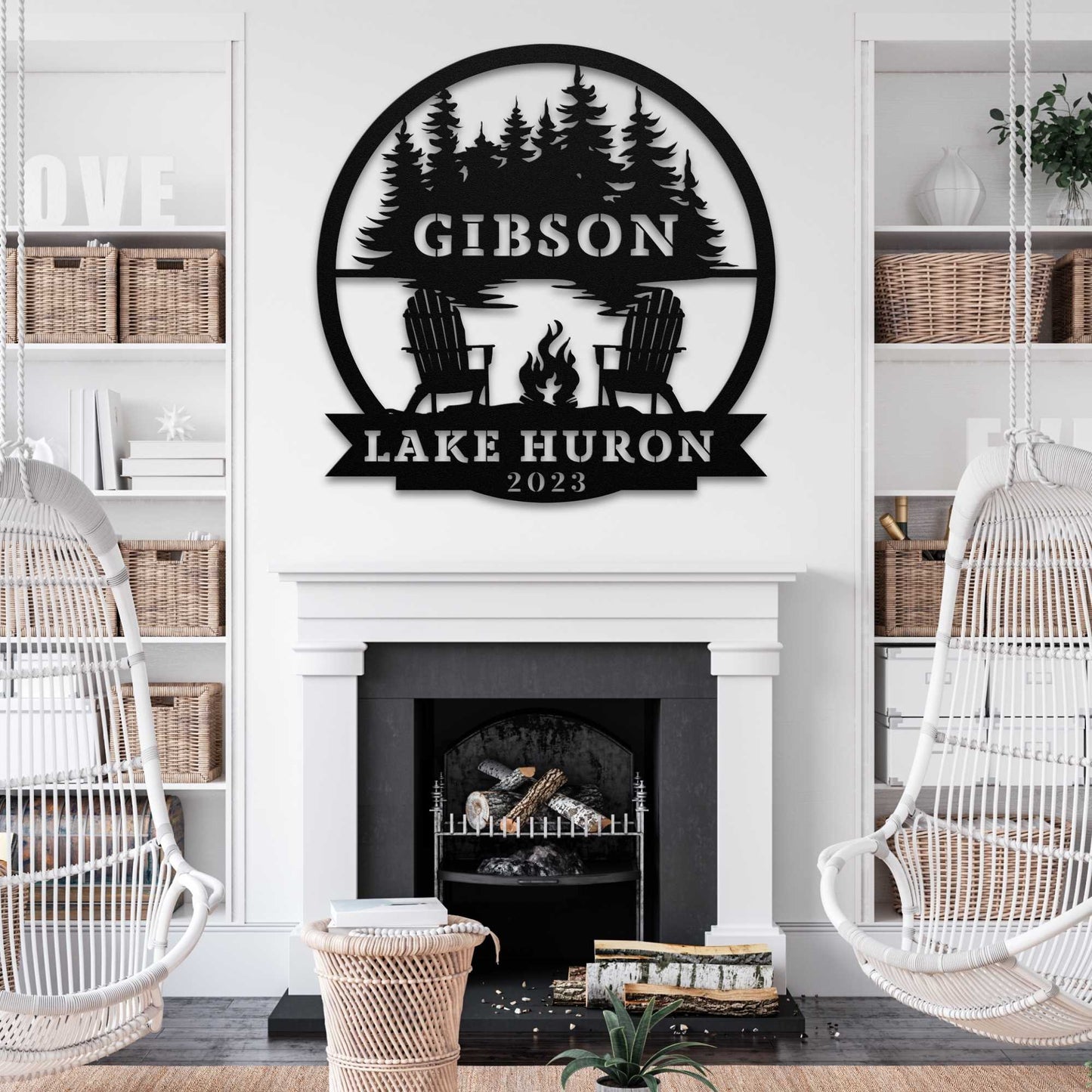 Lake Huron Campfire and Adirondack Chairs Custom Round Family Name Sign