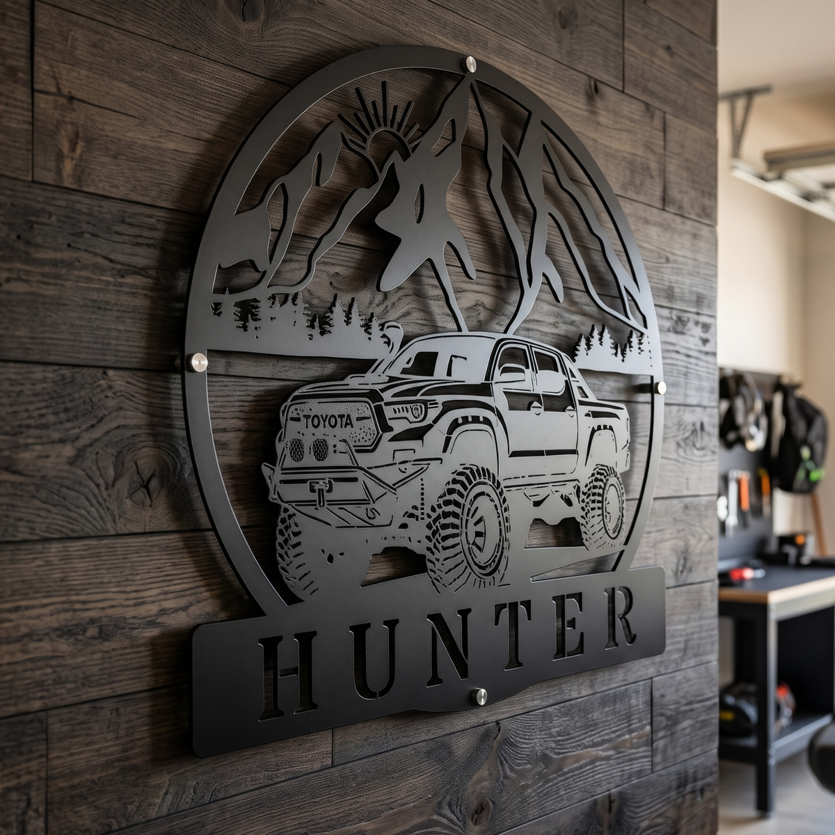 Laser-cut offroad Toyota truck sign showcasing precise craftsmanship and durability
