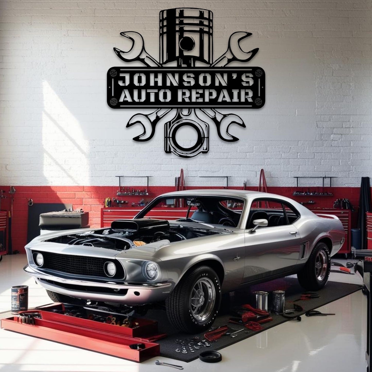 Custom mechanic sign displayed on a workshop wall to show scale and size