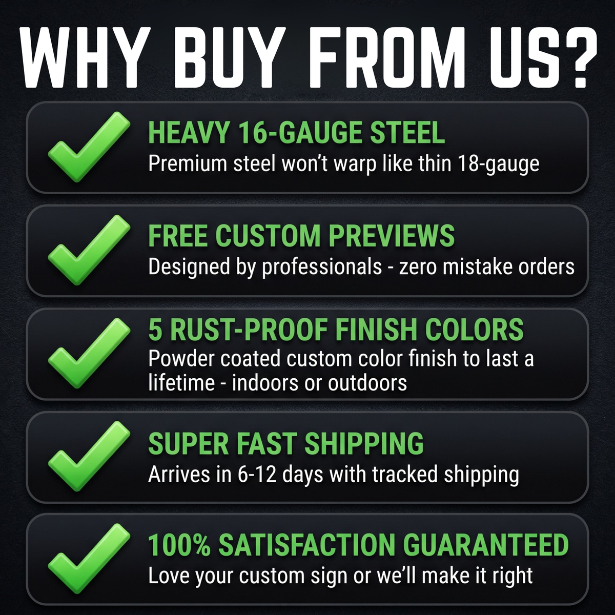 Pristine Custom feature graphic highlighting 16-gauge heavy duty steel, rust proof powder coat, fast shipping, and satisfaction guarantee