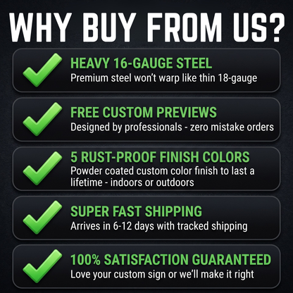 Pristine Custom feature graphic highlighting 16-gauge heavy duty steel, rust proof powder coat, fast shipping, and satisfaction guarantee