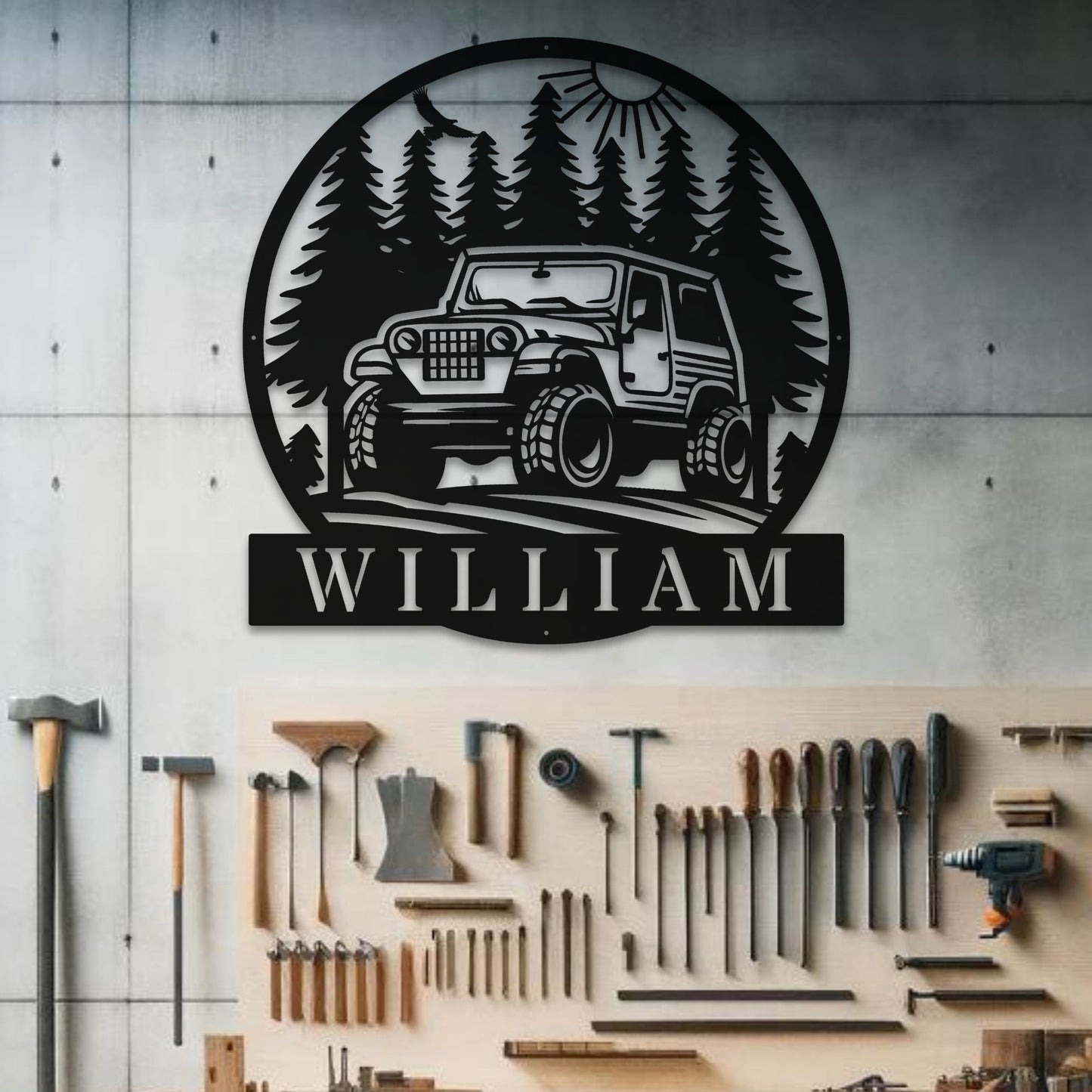 Laser-cut offroad Jeep sign showcasing precision craftsmanship and durability