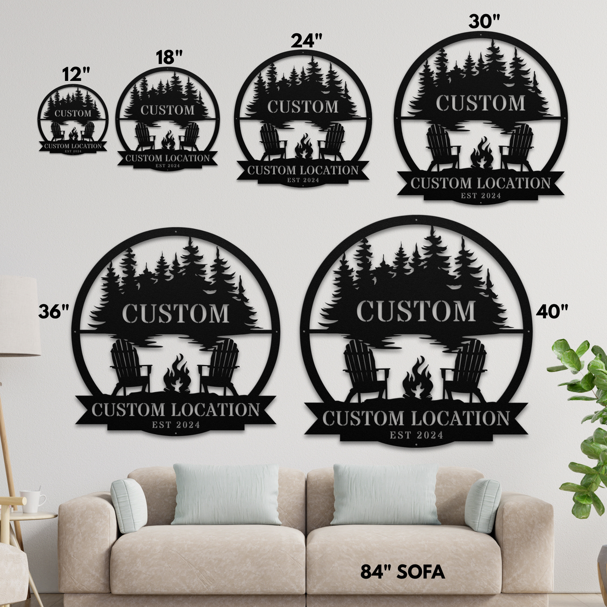 Size and scale comparison guide showing 12 inch to 40 inch metal sign dimensions mounted above a standard 84 inch sofa