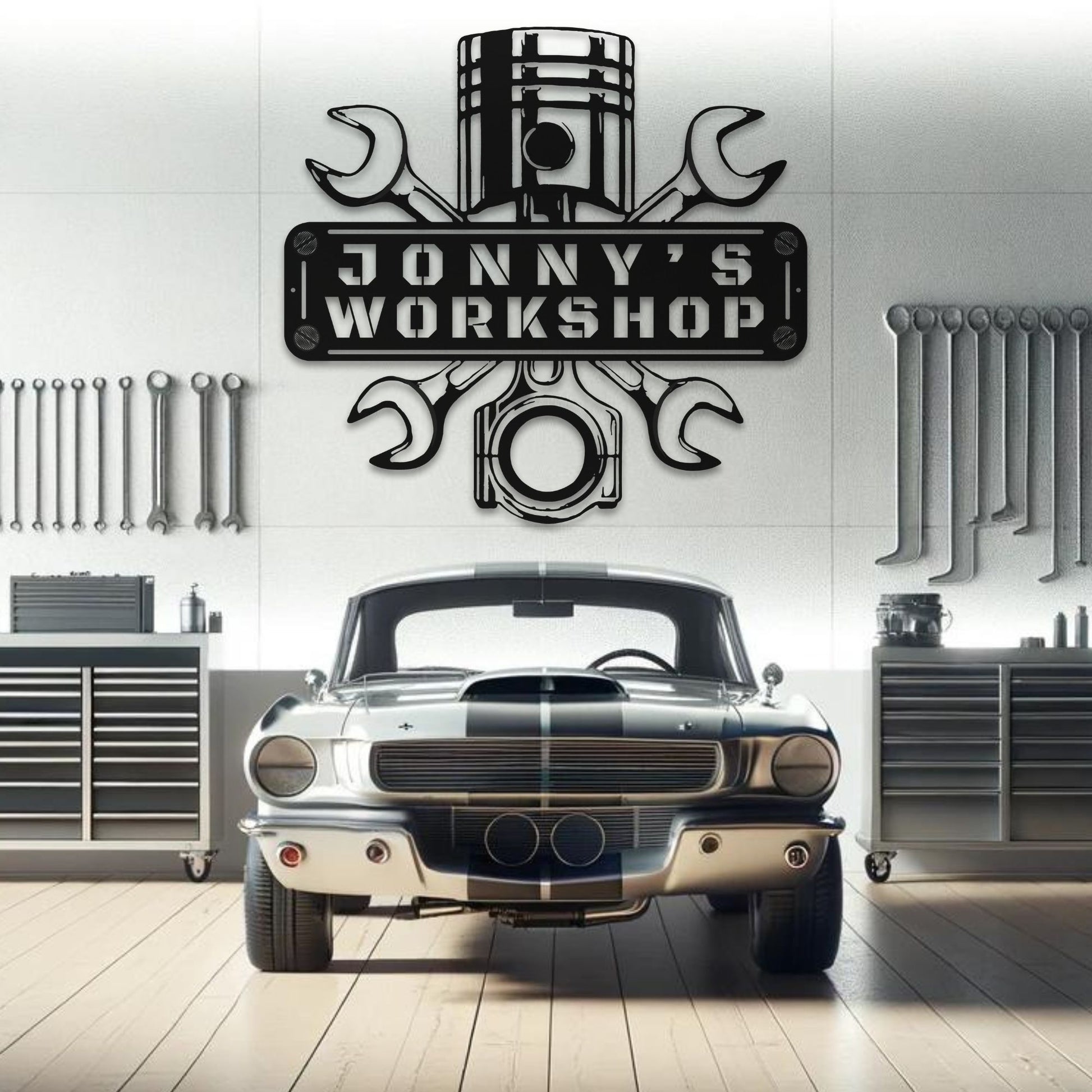 Close-up of the personalized text section on the workshop mechanic sign