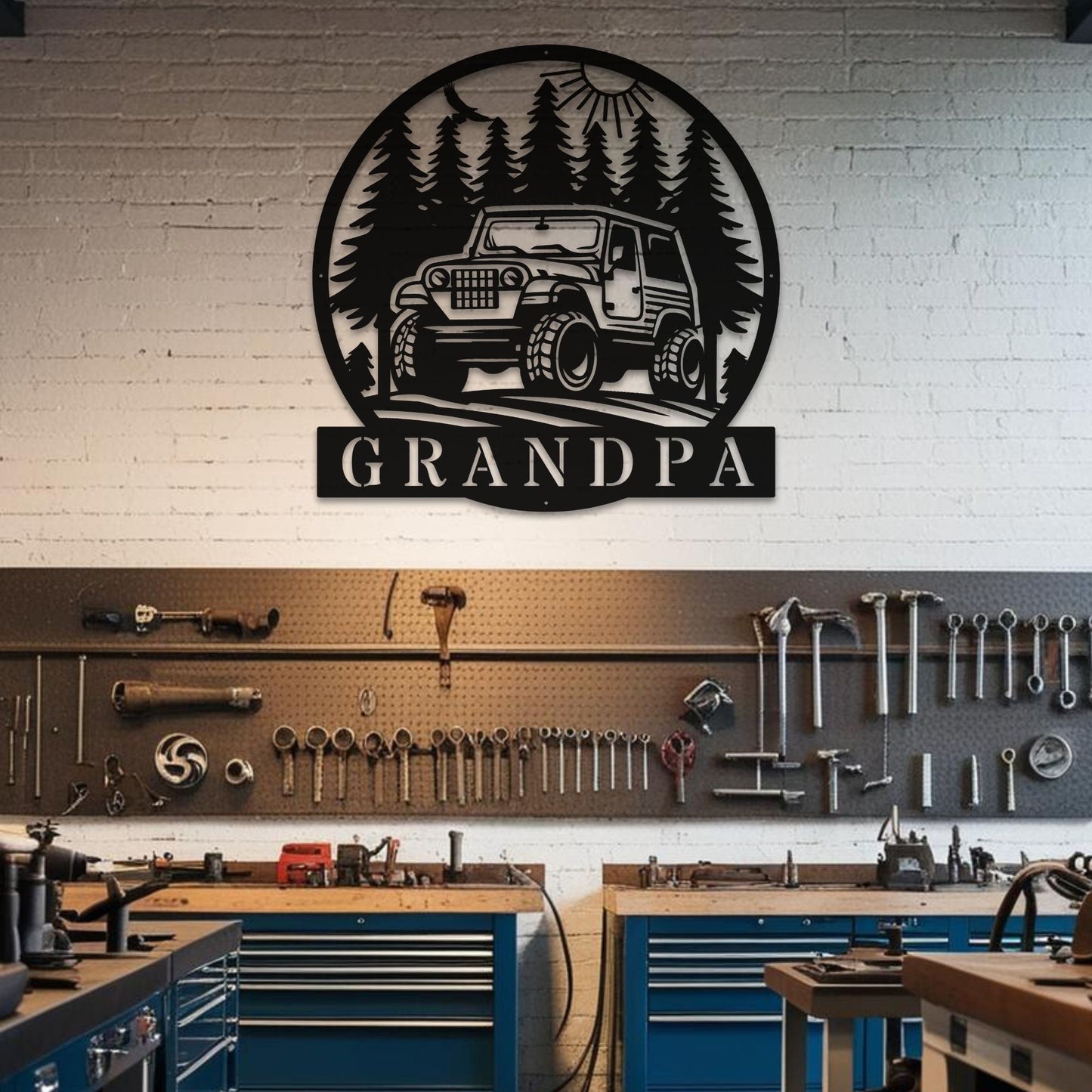 Offroad Jeep sign displayed on a garage or workshop wall for a bold statement piece