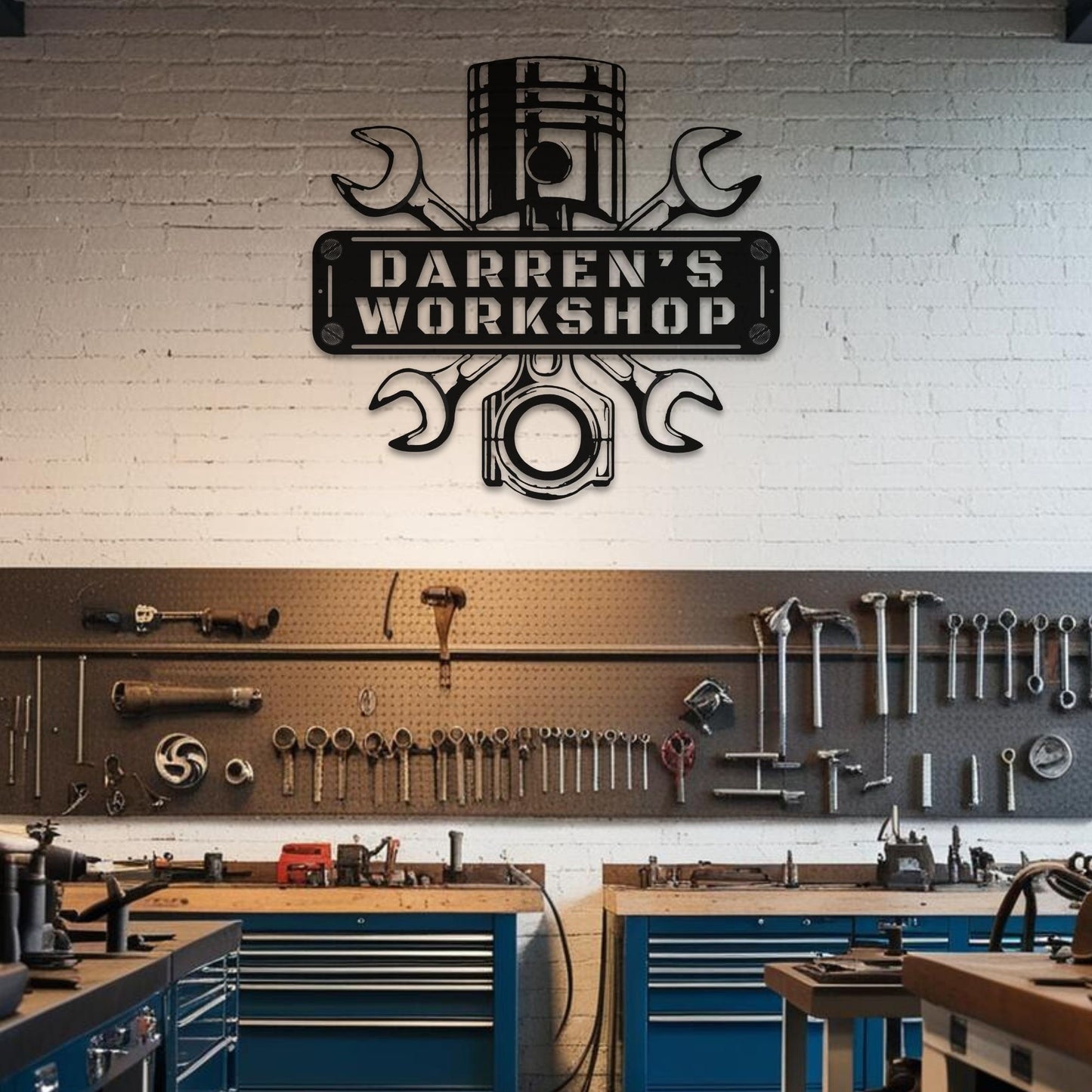 Unique gear and wrench design on a custom mechanic workshop metal sign