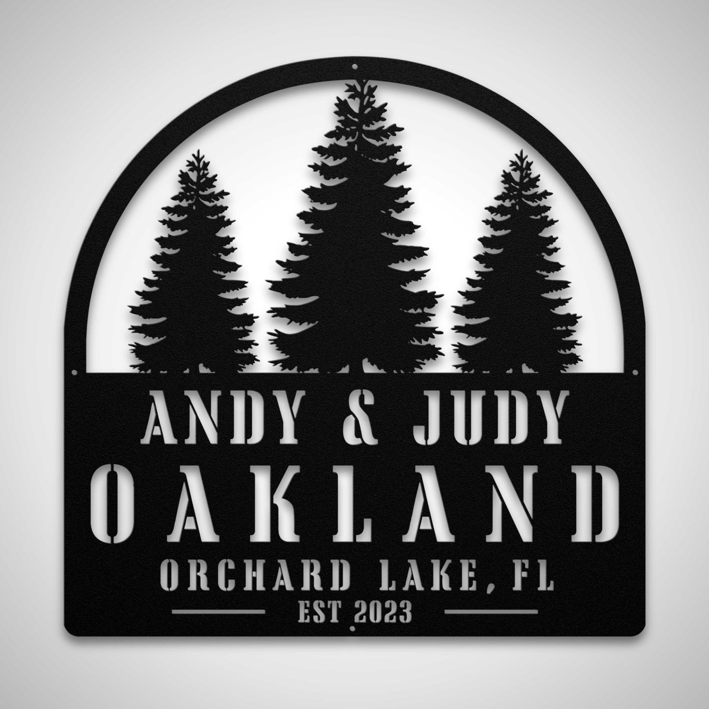 Three Trees Half Circle Cabin Custom Family Name Sign
